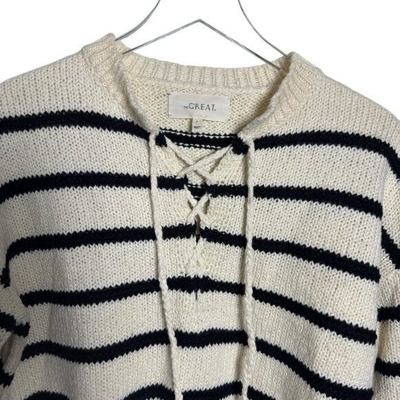The Great. Sea Stripe Lace Up Pullover Women’s Sweater Size 0 XS Cream Black - Picture 3 of 8